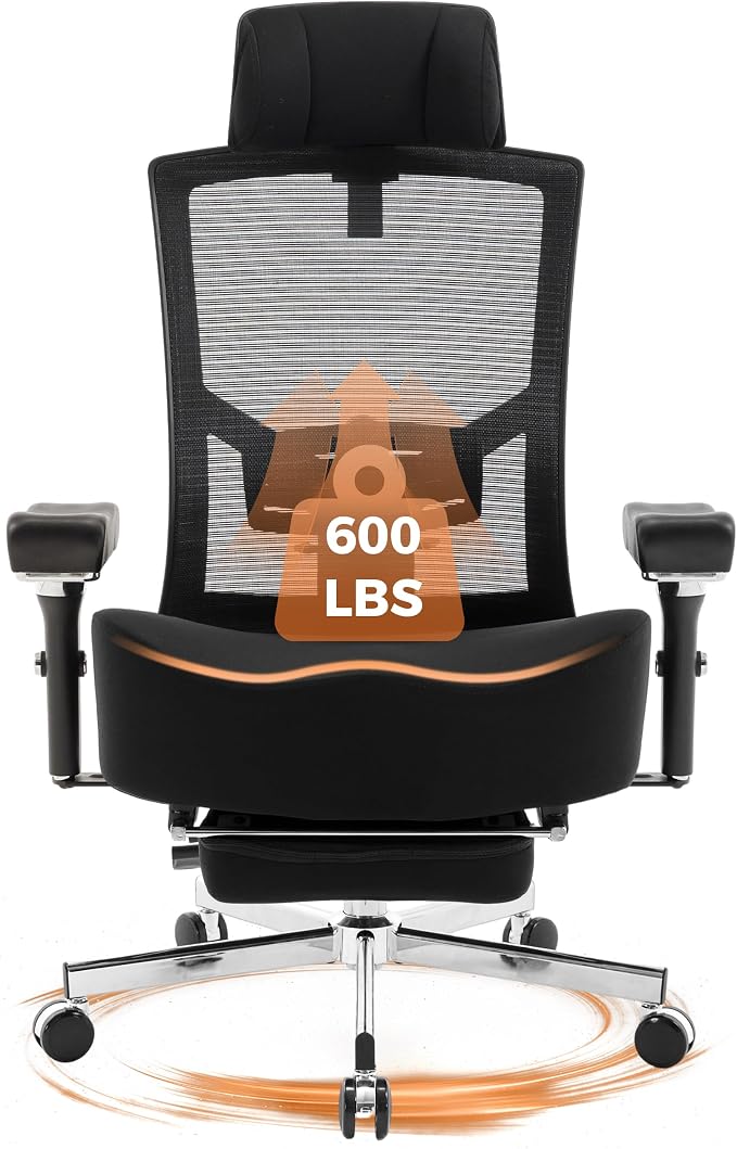 600lbs Big and Tall Office Chair with Wider W-Shaped Thick Seat Cushion, Ergonomic Computer Mesh Desk Chairs for Heavy People, Computer Chair, Adjustable Lumbar Support, 4D Armrests Footrest Headrest