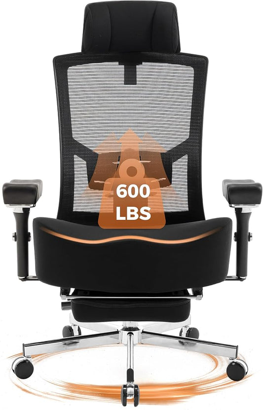 600lbs Big and Tall Office Chair with Wider W-Shaped Thick Seat Cushion, Ergonomic Computer Mesh Desk Chairs for Heavy People, Computer Chair, Adjustable Lumbar Support, 4D Armrests Footrest Headrest