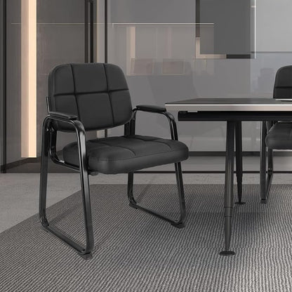 CLATINA Waiting Room Chairs with Padded Arms Leather Guest Chair no Wheels for Office Reception and Conference Desk with Sled Base Black