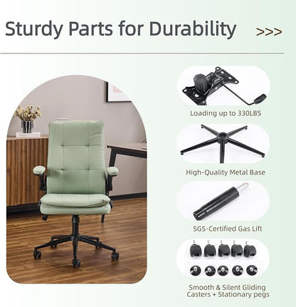 VINGLI Comfy Green Leather Office Desk Chair, High-Back Support Ergonomic Computer Task Gaming Chair,with Removable wheels,360° Swivel,Adjustable Height,Flip-Up Arms,for Adults,Teen,Vanity,Home Office