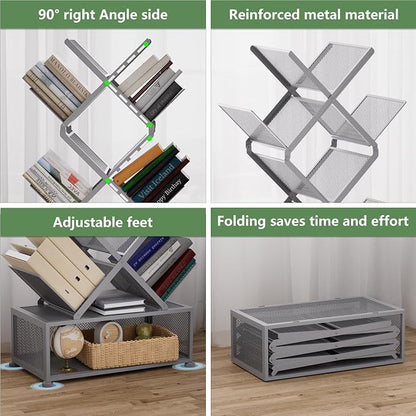Gintan 9-Tier Modern Book Shelves with Storage, Bedroom Shelves Folding Bookshelves, No Installation Required Shelf Tree Bookcase for Living Room, Study, Home Office, Bed Room (Grey)