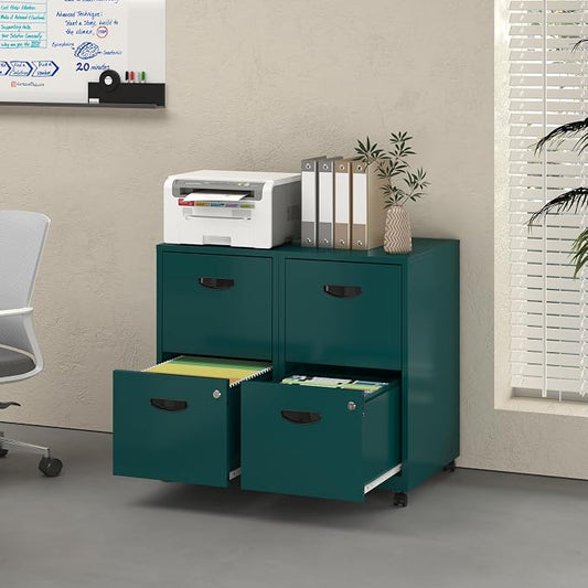 UNICOLY 2 Drawer File Cabinet with Lock, Filing Cabinets with Wheels, Rolling File Cabinets for Home Office, Metal Office File Cabinet, Mobile Filing Cabinet for Holding Letters and File Boxes, Green