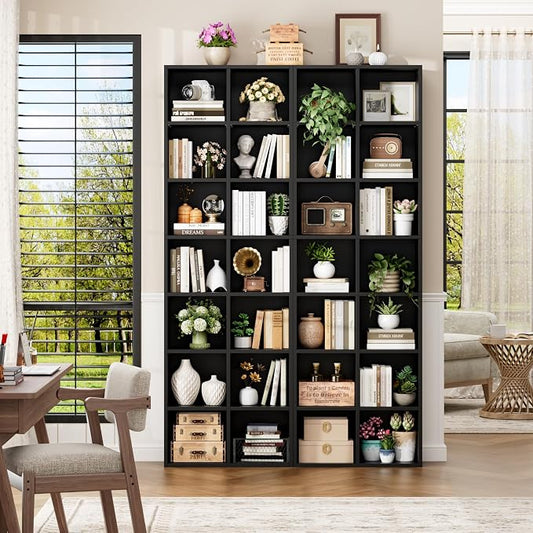 FOTOSOK 71'' Tall Bookshelf Set of 2, 7 Tier Large Black Bookshelf with Adjustable Shelves, Wide Bookcases and Bookshelf, DVD/CD Media Tower Storage, Cube Book Shelf Display Shelf Cabinet, Black