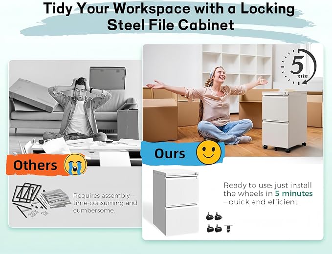 Approgreent 2 Drawer Metal File Cabinet, Fully Assembled Locking Filing Cabinet with Anti-Tipping Wheels, Quiet Slide, Heavy-Duty Steel Construction, Fits A4 Letter Legal for Home Office, Matte White