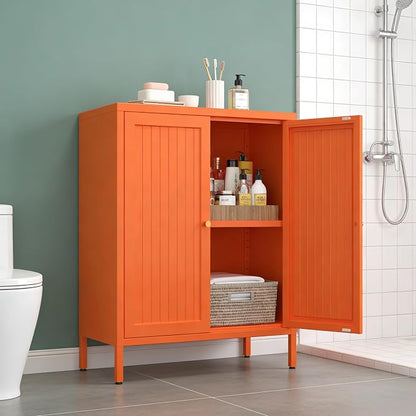 2 Door Metal Storage Cabinet-Small Bathroom Storage Cabinet with 1 Adjustable Shelf,Freestanding Sideboard for Home Office, Living Room, Hallway, Entryway(Striped Door, Orange)