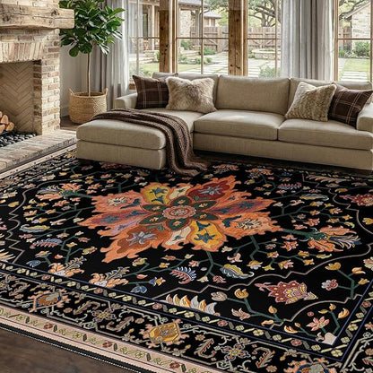 RELEANY Area Rugs 7'x9' Washable Non-Slip, Floral Vintage Distress Medallion Carpet for Living Room Bedroom Dining Room, Black Colorful Floral Dark Tan