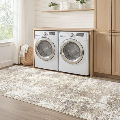 Runner Rug Kitchen Washable Rugs: 2x5 Non-Slip Abstract Soft Modern Stain Resistant Indoor Floor Neutral Accent Throw Carpet for Hallway Bathroom Laundry Room Entryway Bedroom- Beige Brown