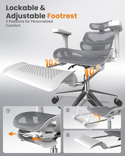 naspaluro Ergonomic Office Chair, High Back Mesh Desk Chair, 350lbs Capacity, Lumbar Support, 3D Armrest Headrest, Footrest, PU Wheels, Swivel Computer Chair for Home Office, Work & Gaming