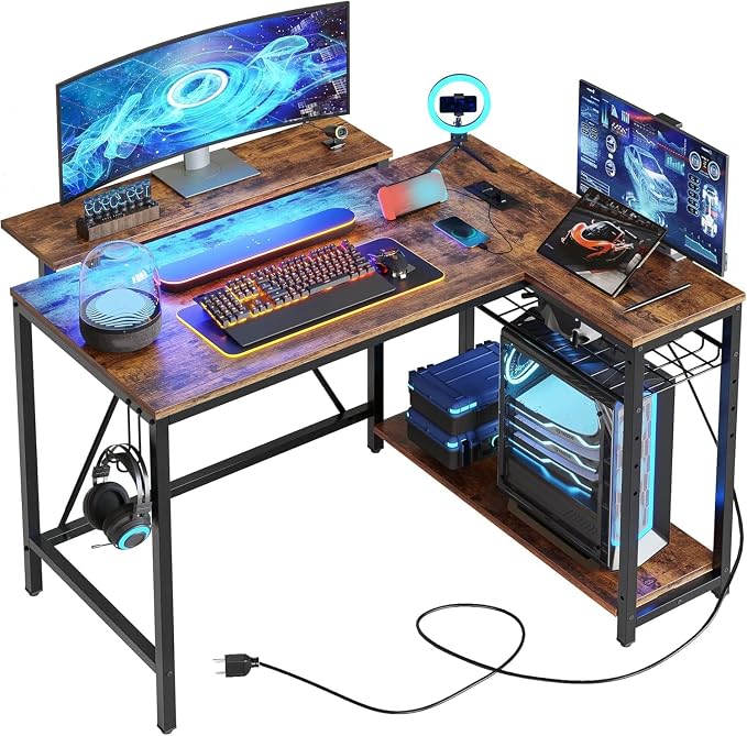 Bestier Gaming Desk with Power Outlets, 42" L-Shaped Gaming Desk with LED Lights, Desk with Reversible Storage Shelves & Hooks for Small Spaces, Bedrooms & Offices,Rustic Brown