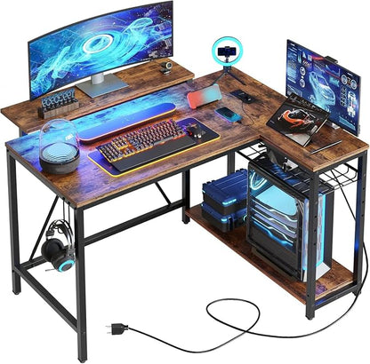 Bestier Gaming Desk with Power Outlets, 42" L-Shaped Gaming Desk with LED Lights, Desk with Reversible Storage Shelves & Hooks for Small Spaces, Bedrooms & Offices,Rustic Brown