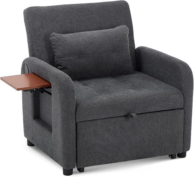 COLAMY Convertible Sleeper Chair-Fabric Futon Sofa Bed, Single Sleeper Sofa, Small Couch Bed with USB Port, Foldable Table, Pillow, Adjustable Backrest for Dorm/Bedroom/College Darkgrey