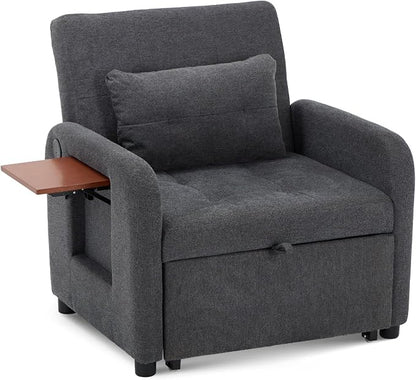 COLAMY Convertible Sleeper Chair-Fabric Futon Sofa Bed, Single Sleeper Sofa, Small Couch Bed with USB Port, Foldable Table, Pillow, Adjustable Backrest for Dorm/Bedroom/College Darkgrey