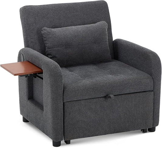COLAMY Convertible Sleeper Chair-Fabric Futon Sofa Bed, Single Sleeper Sofa, Small Couch Bed with USB Port, Foldable Table, Pillow, Adjustable Backrest for Dorm/Bedroom/College Darkgrey