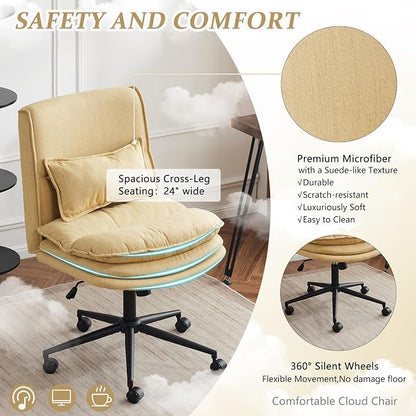 VINGLI Cloud Criss Cross Legged Chair,18" High Back Armless Home Office Desk Chair with Wheels,Wide Adjustable Comfy Padded Seat Task Computer Chair,Modern Swivel Makeup Vanity Chair,Fabric,Yellow