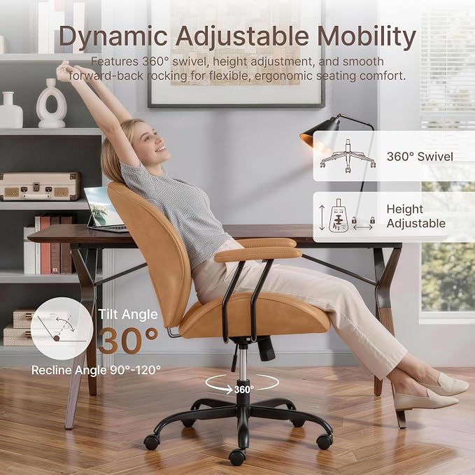 KISLOT Ergonomic Home Office Chair with Removable Arms, Adjustable Swivel Desk Chair with Wheels, Modern Faux Leather Computer Chair with Lumbar Support, Set of 2, Camel Brown