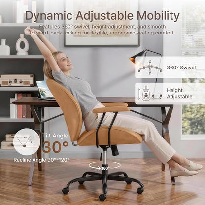 KISLOT Ergonomic Home Office Chair with Removable Arms, Adjustable Swivel Desk Chair with Wheels, Modern Faux Leather Computer Chair with Lumbar Support, Set of 2, Camel Brown