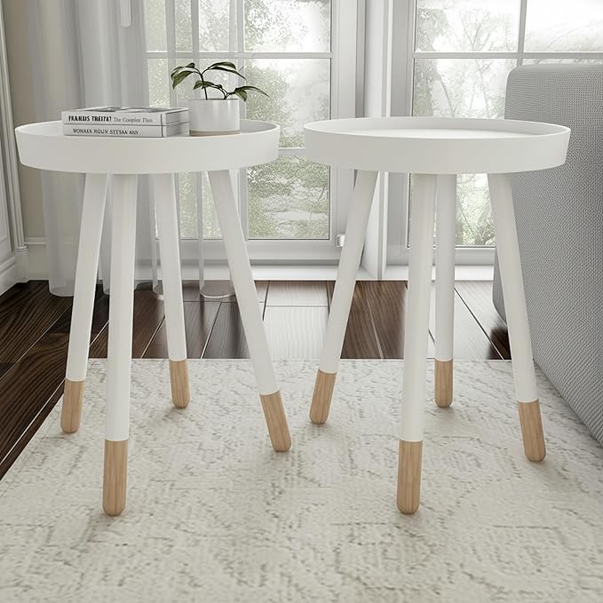 Lavish Home Round End Table Set of 2 – 17 Inch Small Round Side Table Set with Tray Tops and Color-Block Spindle Legs – Wooden Mid Century Modern Living Room Furniture (White)