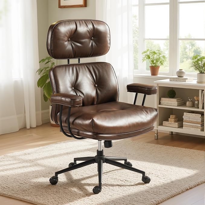 Faux Leather Executive Office Chair - Big and Tall Ergonomic Home Office Chair,Reclining Computer Desk Chair with Lumbar Support,Adjustable Task Chair Swivel Rolling PC Chair with Wheels,PU,Dark Brown