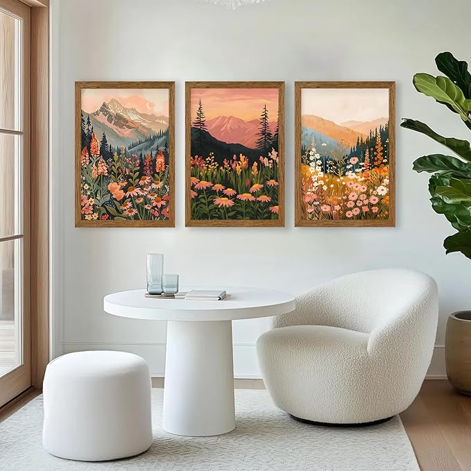 ICHZUMW Framed Boho Abstract Landscape Mountain and Floral Canvas Wall Art Set of 3, Colorful Nature Botanical Paintings Artwork, Large Wildflower Wall Decor for Living Room Bedroom Office, 20x30in