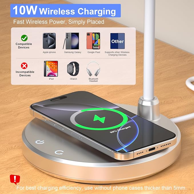 Desk Lamp for Home Office - LED Desk Lamp with Wireless Charger, 3 Color Modes Dimmable Eye-Caring Study Reading Desk Light, Small Flexible Arm Table Lamp for College Dorm Room Bedside, Silver