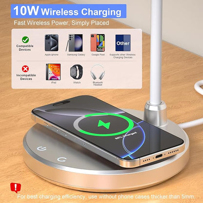 Desk Lamp for Home Office - LED Desk Lamp with Wireless Charger, 3 Color Modes Dimmable Eye-Caring Study Reading Desk Light, Small Flexible Arm Table Lamp for College Dorm Room Bedside, Silver
