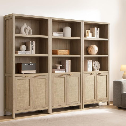 SICOTAS Bookcase 71" Tall Bookshelf 5 Tier Rattan Boho Bookcase with Doors Storage Large Book Case Shelf Farmhouse Bookshelves Library Book Shelves for Living Room Bedroom Home Office Kitchen