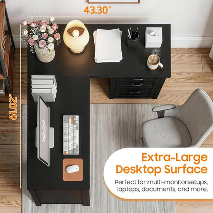 Vabches 61”Farmhouse L Shaped Executive Desk with File Drawers, Corner Computer Desk with Mobile CPU Stand, Wood Writing Computer Desk for Work, Study.Pure Black