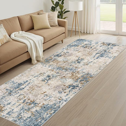 Runner Rug Kitchen Washable Rugs: 3x8 Non-Slip Abstract Soft Modern Stain Resistant Indoor Floor Neutral Accent Throw Carpet for Hallway Bathroom Laundry Room Entryway Bedroom- Blue Tan