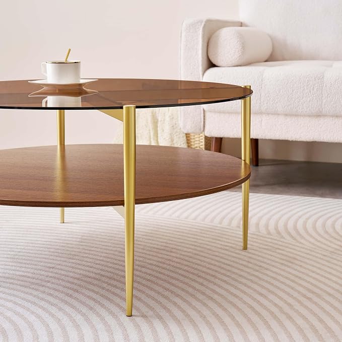 LumFurn Extra Large Round Coffee Table, Mid-Century Modern Design, D34 x H17 in, for Living Room, 2-Tier Structure, Amber Glass Top and Walnut MDF Shelf, Sleek Conical Metal Legs with Gold Finish