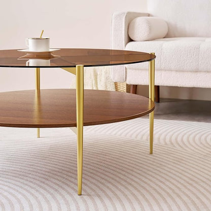 LumFurn Extra Large Round Coffee Table, Mid-Century Modern Design, D34 x H17 in, for Living Room, 2-Tier Structure, Amber Glass Top and Walnut MDF Shelf, Sleek Conical Metal Legs with Gold Finish
