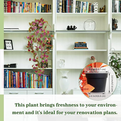 Artificial Hanging Potted Plants, Small Fake Purple Potted Plant Faux Ivy Vine Plant for Shelf Home Office Indoor Outdoor Garden Greenery Decor (Black Pot)