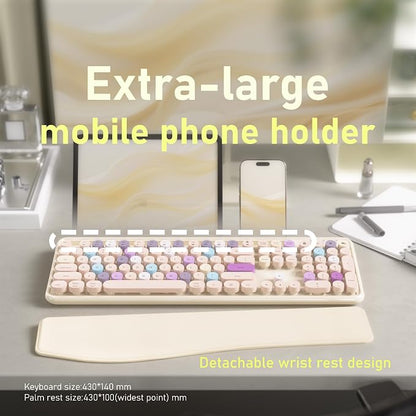 Wireless Keyboard and Mouse, Colorful 104-Key QWERTY with Round Keys, Phone Holder, Wrist Rest, Power Buttons, 2.4GHz USB for PC Laptop (Khaki Colorful)