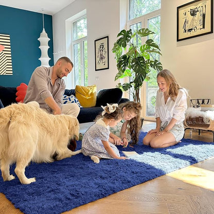 OLANLY 3x3 Machine Washable Small Bedside Rug, Soft Fluffy Shaggy Entryway Throw Rugs for Bedroom, Living Room, Indoor Floor Carpet for Kids Girls and Boys, Nursery Rooms, Home Decor, Navy Blue