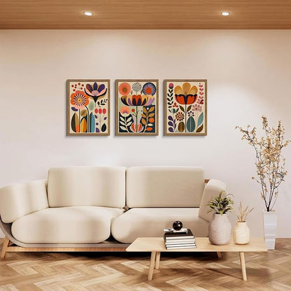 Framed Colorful Floral Wall Art Set of 3, Abstract Scandinavian Flower Canvas Wall Decor Paintings, Mid Century Modern Botanical Artwork Pictures Prints for Living Room Bedroom Dining Room 16x24 Inch