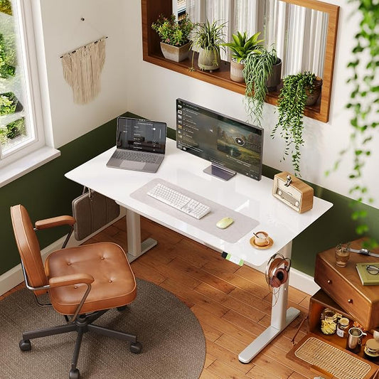 INNOVAR Glass Standing Desk with Drawers, 55×24 Inch Adjustable Stand Up Desk Quick Install Home Office Computer Desk, White