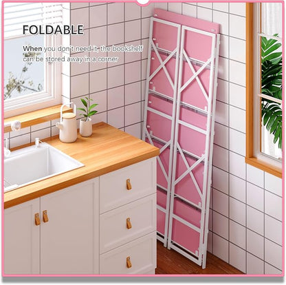 4NM 5 Tiers No Assembly Book Shelves, 51.2" H Folding Bookshelf Bookcase Open Industrial Foldable Shelves for Bedroom, Living Room, Home Office - Pink White