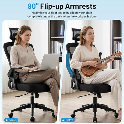Office Chair Ergonomic Desk Chair with Adjustable Headrest Lumbar Support, High Back Breathable Mesh Chair with 120° Tilt & Flip-Up Armrests, Swivel Comfy Task Computer Chair for Work, Study