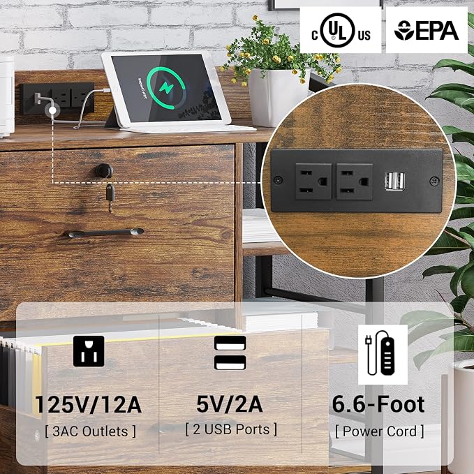 SEDETA 44" File Cabinet, Filing Cabinet fits Legal/Letter Size, 2 Drawer File Cabinets for Home Office with Lock, Power Strip, 6 Storage Shelves, Rustic Brown