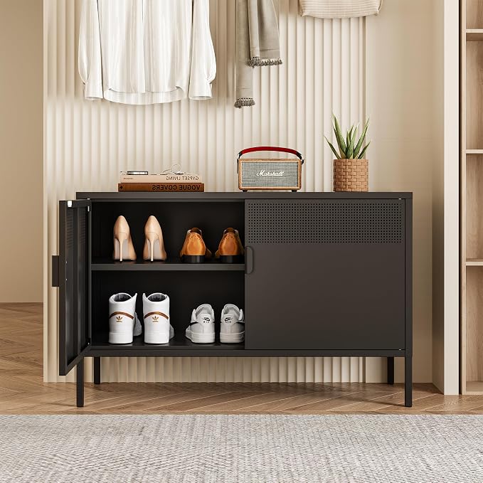 Chshin Metal Storage Cabinet with Doors,Black Accent Cabinet,Metal Locker Storage Cabinets,2 Door TV Media Stand with Removable Shelves for,Home,Office,Entryway,Living Room