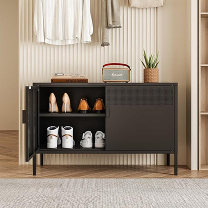 Chshin Metal Storage Cabinet with Doors,Black Accent Cabinet,Metal Locker Storage Cabinets,2 Door TV Media Stand with Removable Shelves for,Home,Office,Entryway,Living Room