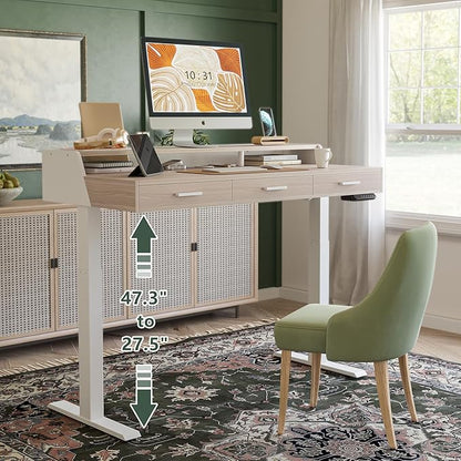 CubiCubi Standing Desk 48x26 Inches with 3 Wood Drawers and Monitor Shelf, Ergonomic Rising Home Office Desks, Height Adjustable Computer Desk, Sit Stand Up Electric Workstation Table, Pale Walnut