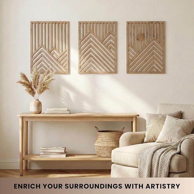 qmmp Modern Wooden Wall Sculptures - Set of 3 - Home Decor Accent - Large Wall Art for Living Room, Bedroom, Office - Easy Installation (Oak, Large - Mountain and Sun)