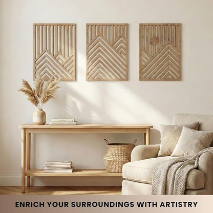 qmmp Modern Wooden Wall Sculptures - Set of 3 - Home Decor Accent - Large Wall Art for Living Room, Bedroom, Office - Easy Installation (Oak, Large - Mountain and Sun)