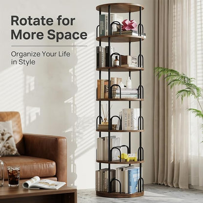 6 Tier Rotating Bookshelf Tower, Standing Tall Corner Wood, Black Metal Modern Book Shelf Organizer Retro Vintage Rustic Farmhouse Large Bookshelf Book Display Furniture for Your Home, Office, Kids
