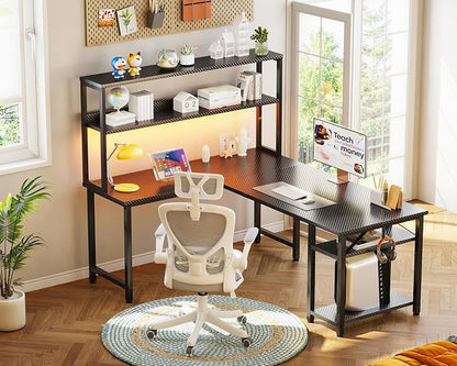 ODK 53" L Shaped Gaming Desk with Hutch & Headphone Hook, Corner Computer Table with Storage Shelves for Home Office, Black