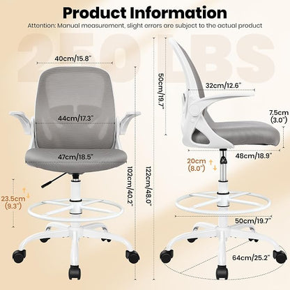 Ergonomic Drafting Chair with Flip-Up Armrests & Adjustable Footrest – Tall Office Chair for Standing Desks, Lumbar Support, Gray – Home & Office Comfort