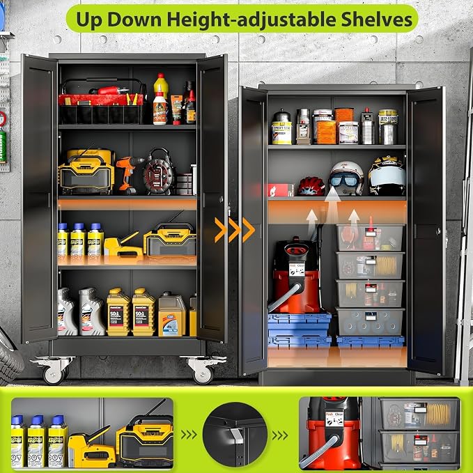 Metal Garage Storage Cabinet with Wheels, 61" H x 27.6" W x 13.8" D, Lockable Rolling Steel Tool Cabinet with Adjustable Shelves, Heavy Duty Garage Cabinet for Workshop, Basement, Home, Black