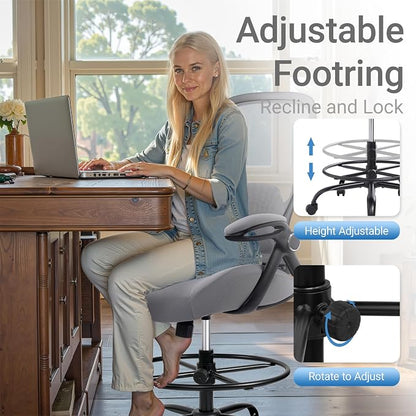 HYLONE 400lbs Heavy Duty Drafting Chair 5" Thickened Seat Office Chair with Flip-Up Armrests Tall Ergonomic Computer Chair with Lumbar Support and Adjustable Footrest Ring Standing Desk Chair(Grey)