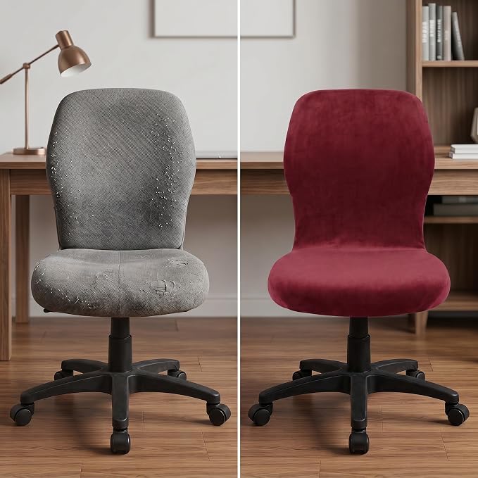 Deisy Dee Velvet Stretch Armless Office Chair Covers - Colorful Stretch Slipcover for Desk Chairs (Burgandy)