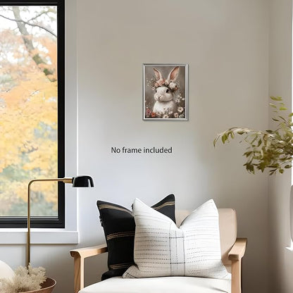 WIARTSH Vintage Easter Bunny Wall Art Poster, White Bunny with Flower Crown Canvas Prints, Cottage Farmhouse Animal Artwork, Rustic Easter Wall Decor for Kids Room Bedroom Living Room 8x10in Unframed